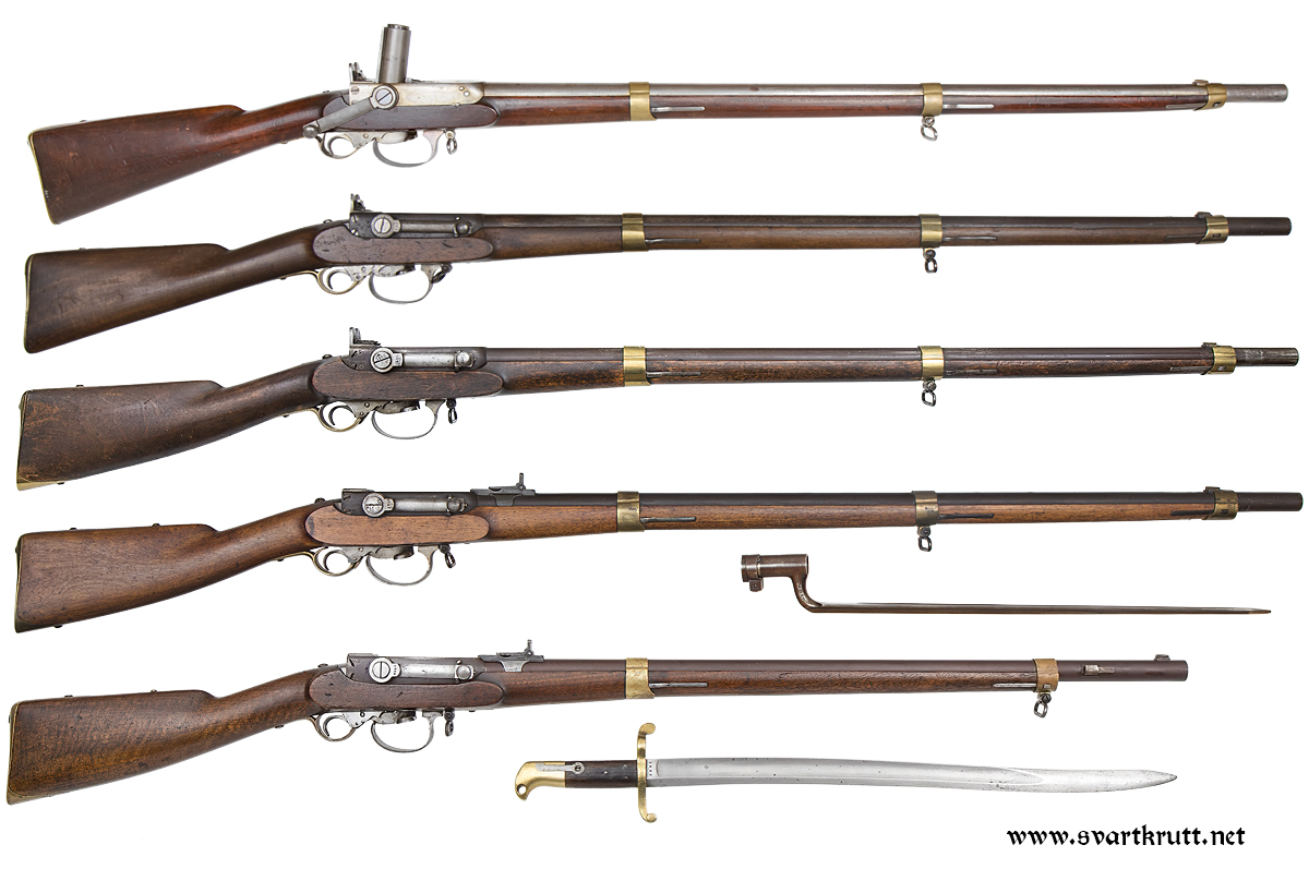 The Norwegian Army's main model of large-bore kammerlader rifles. From top to bottom: Model 1842, Model 1846, Model 1849, Model 1855 and Model 1859.