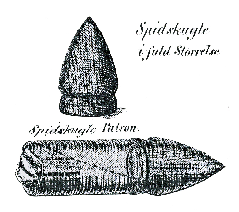 Patron fra prøver med spisskuler i 1848 og 1849. Skarpskytterpatronen var trolig nokså lik denne. Tappgeværene brukte samme type kule frem til 1855.