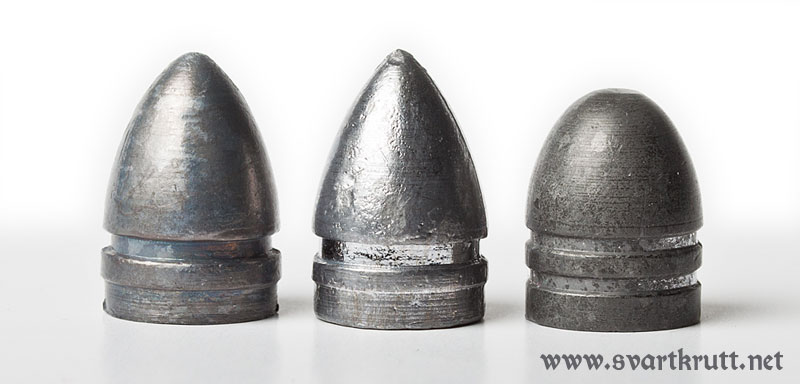 Fra venstre: Remington-kule, Colt-kule og en moderne Lee-kule.